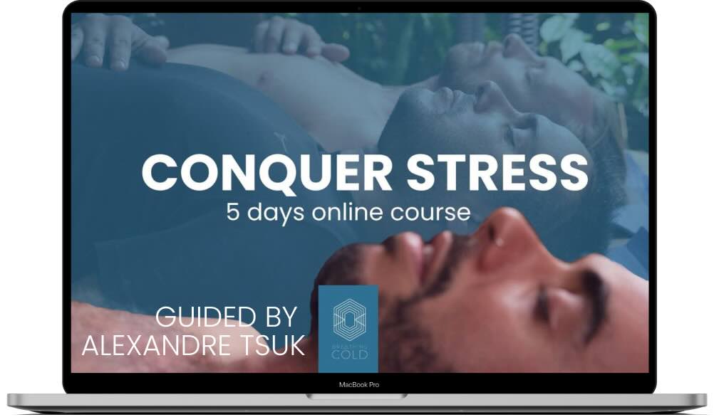 Free Breathwork Masterclass to conquer stress online - picture shows a laptop with a man lying on the floor breathing and the text "conquer stress" on it.