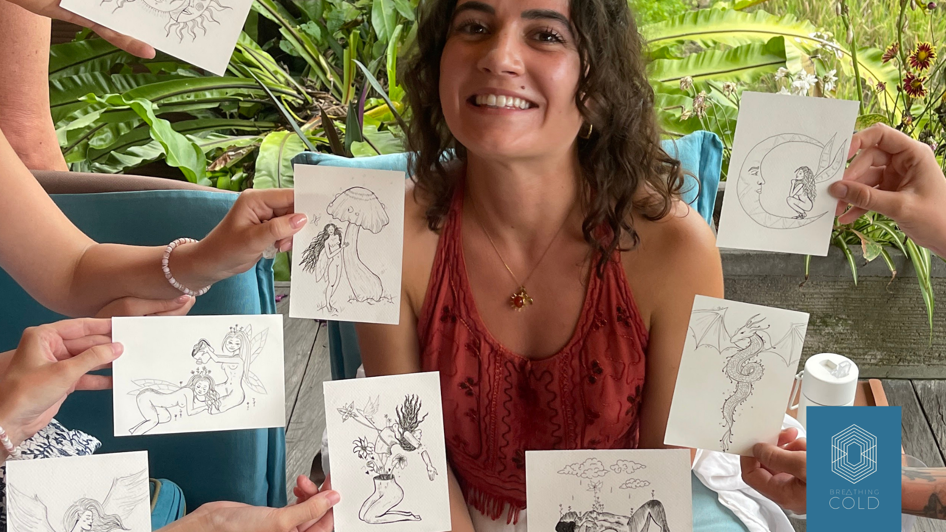 Student surroundered by drawings