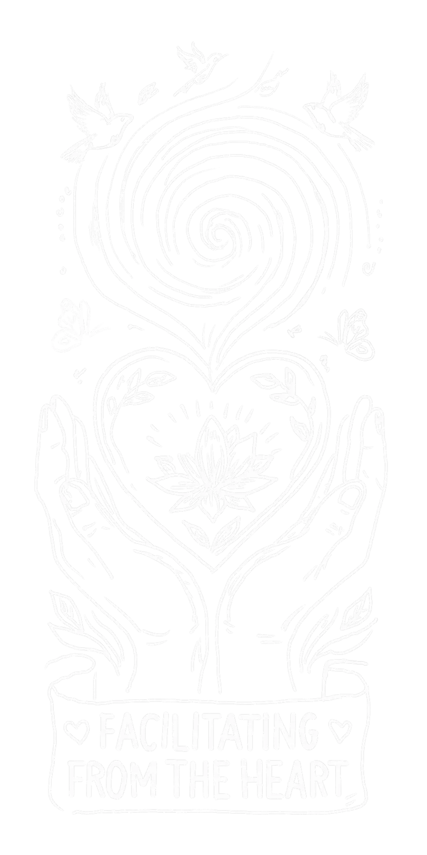 Drawing of a hand and fine lines coming from it an a heart in the hands and birds, connected to nature.