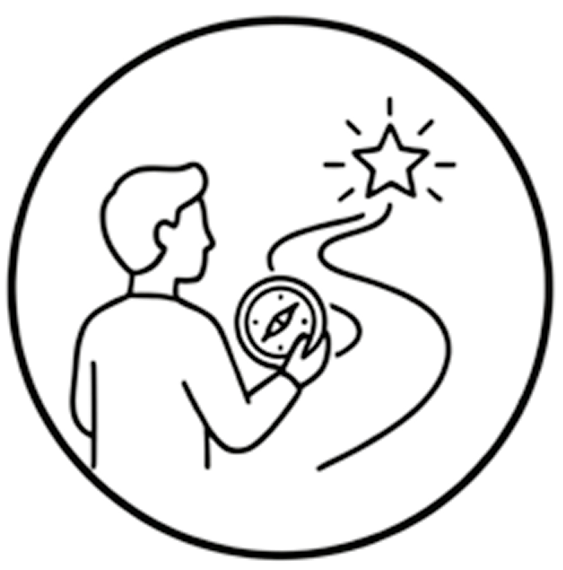 Icon of a person with a compass in hand on a road that ends with a star