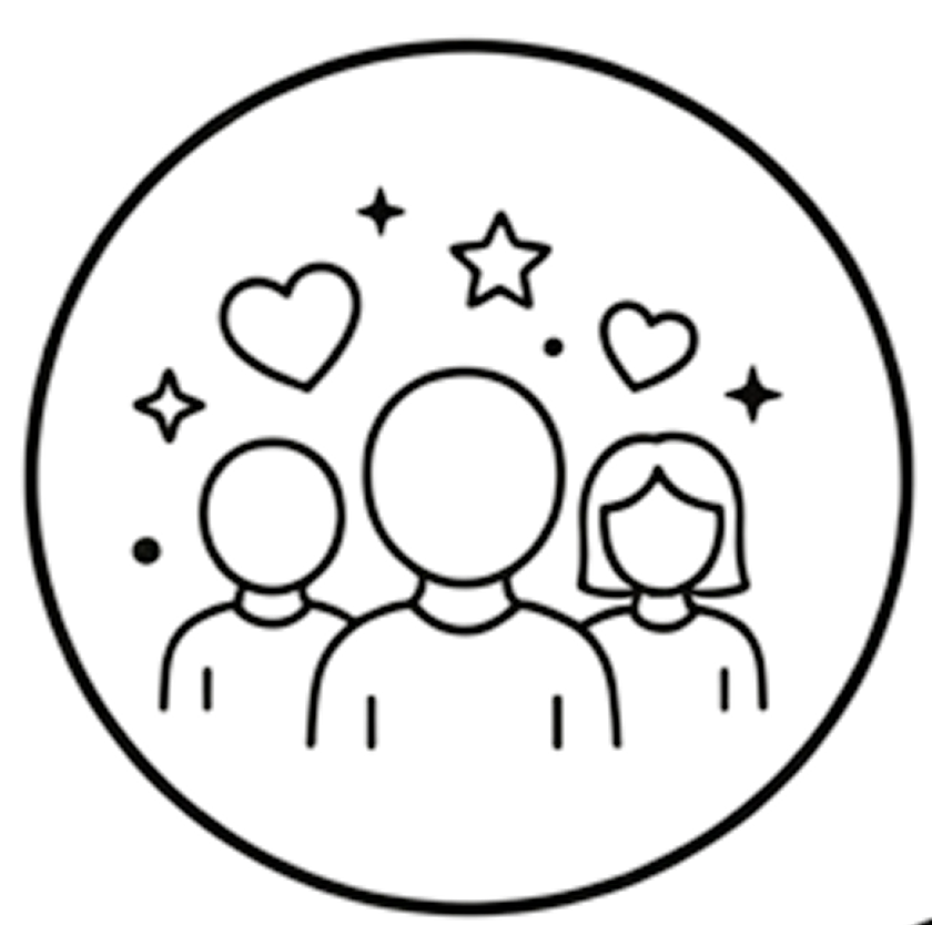 Icon of three people that are happy with stars and hearts above their heads, no eyes or smile, just outline of people