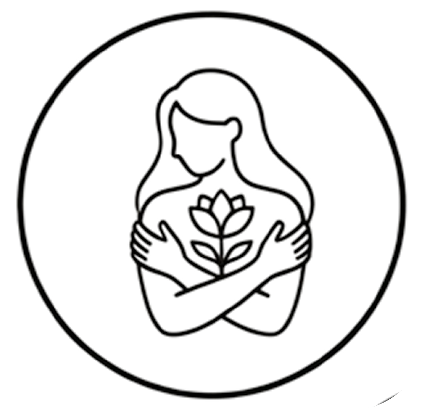 Trauma and release icon of woman with arms crossed and lily in the middle of heart